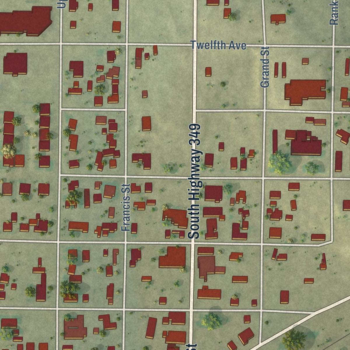 Second close-up of the map of Rankin, Texas print showing more streets and buildings