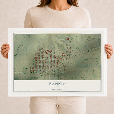 Map of Rankin, Texas, 12 x 18 inch print in a white wood frame