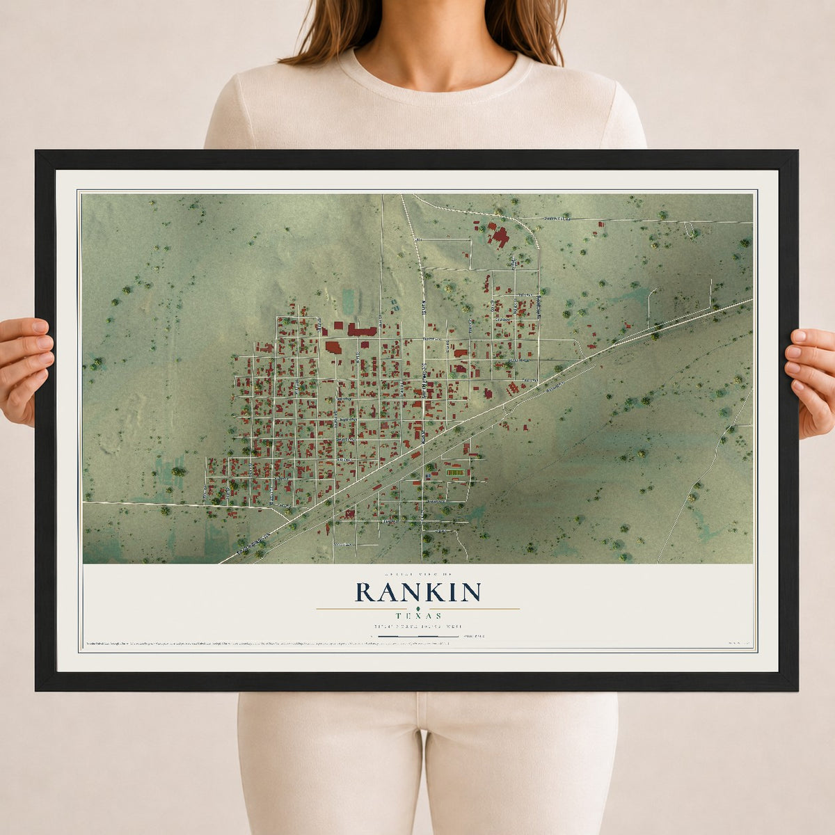 Map of Rankin, Texas, 18 x 24 inch print in a black wood frame