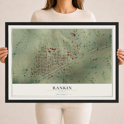 Map of Rankin, Texas, 18 x 24 inch print in a black wood frame