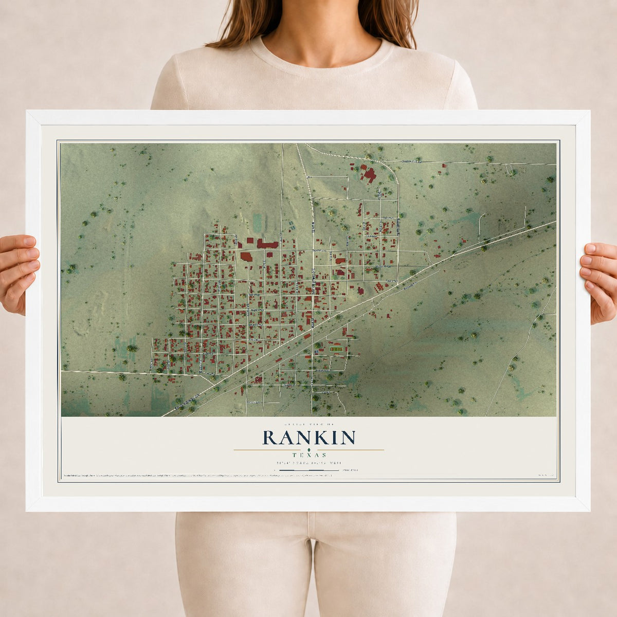 Map of Rankin, Texas, 18 x 24 inch print in a white wood frame
