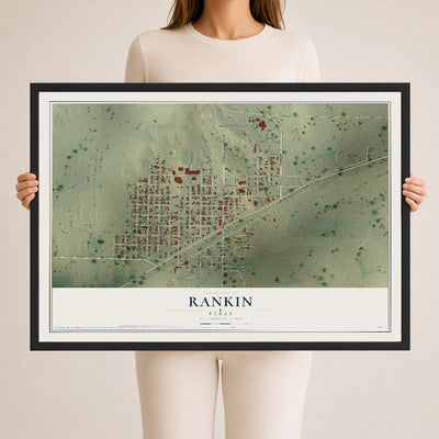 Map of Rankin, Texas, 24 x 36 inch print in a black wood frame