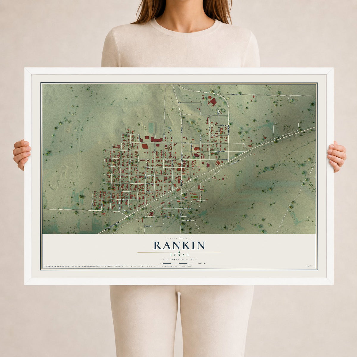 Map of Rankin, Texas, 24 x 36 inch print in a white wood frame