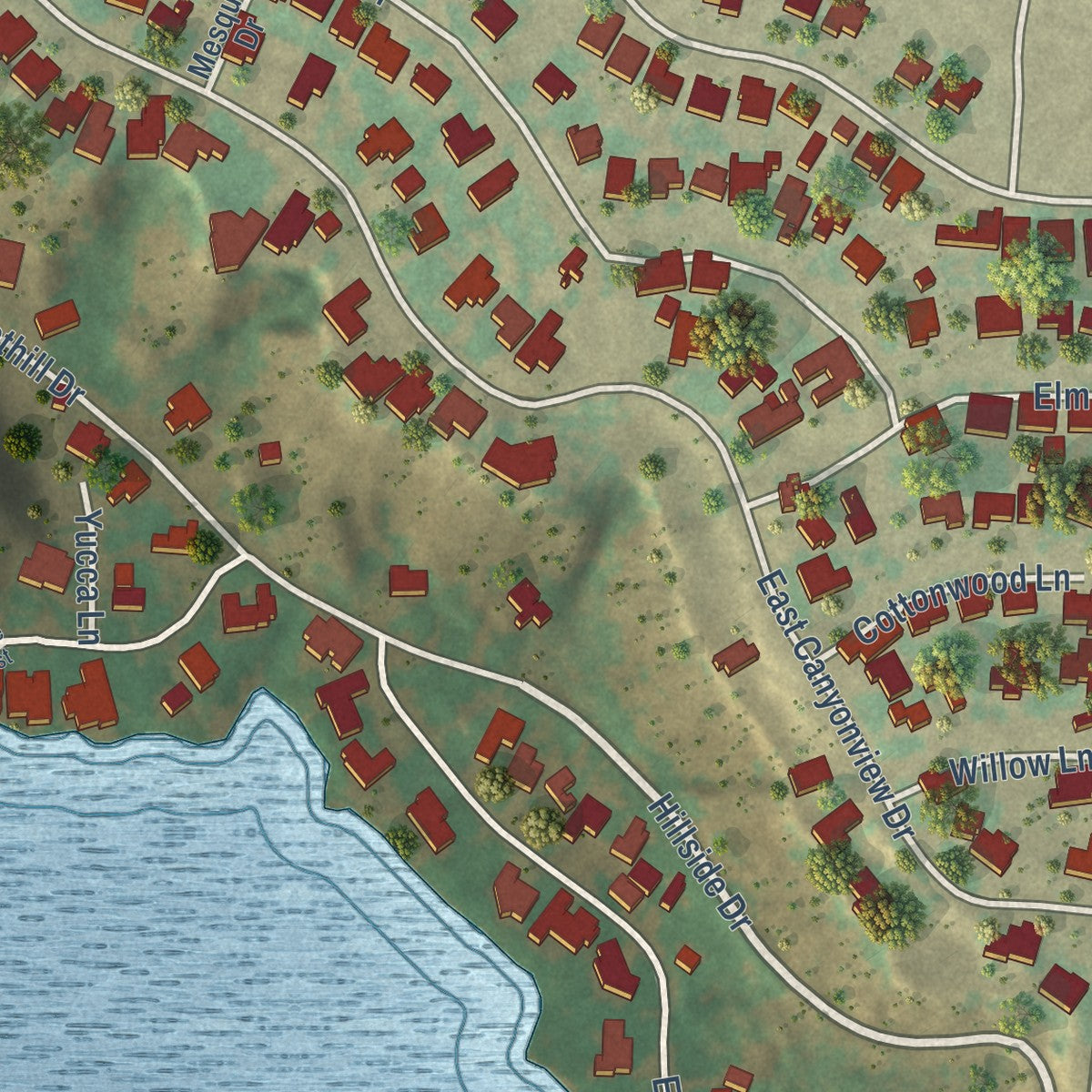 Second close-up of the map of Ransom Canyon, Texas print showing more streets and buildings