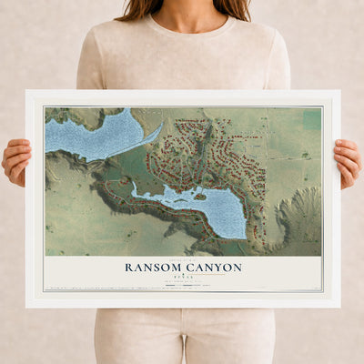 Map of Ransom Canyon, Texas, 12 x 18 inch print in a white wood frame