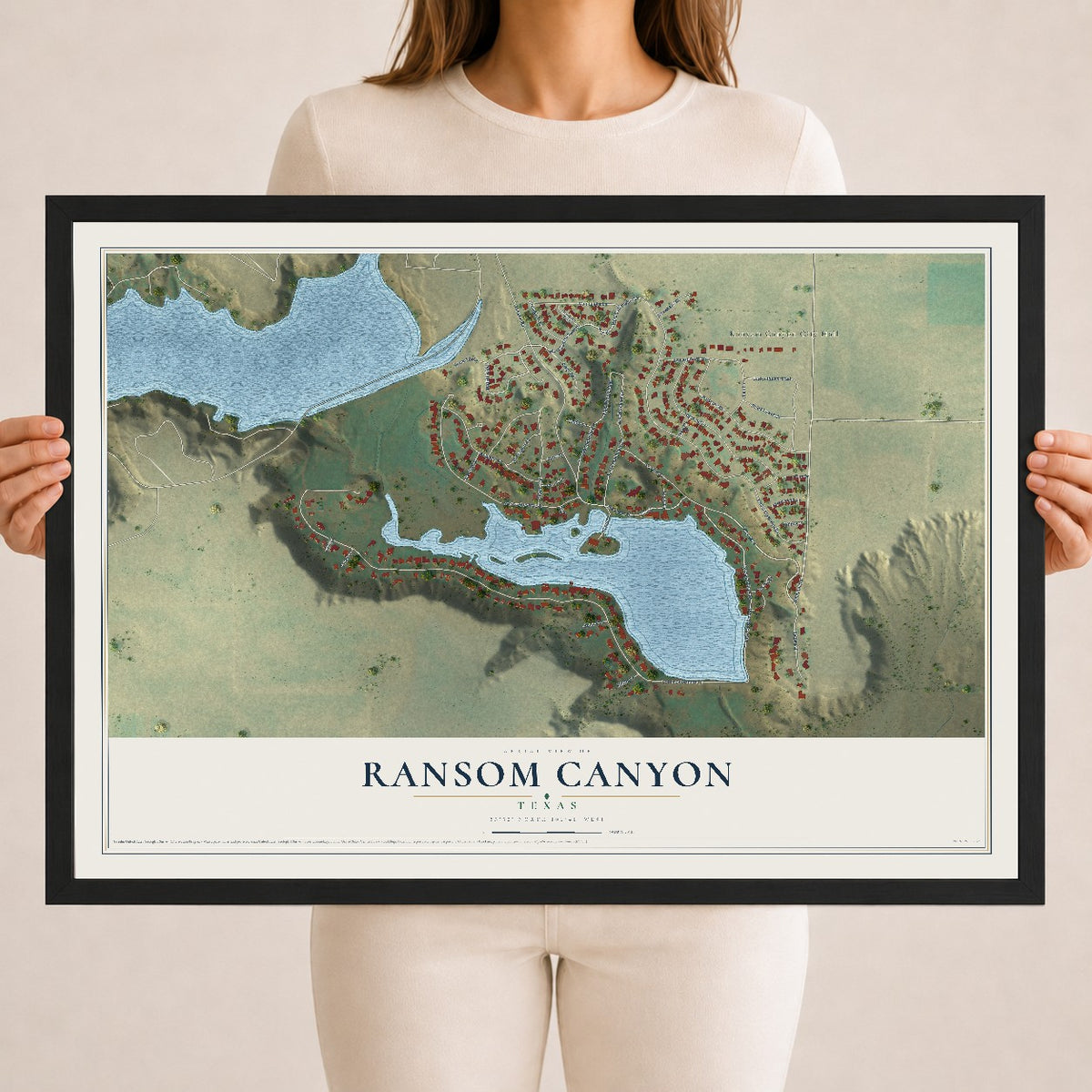 Map of Ransom Canyon, Texas, 18 x 24 inch print in a black wood frame
