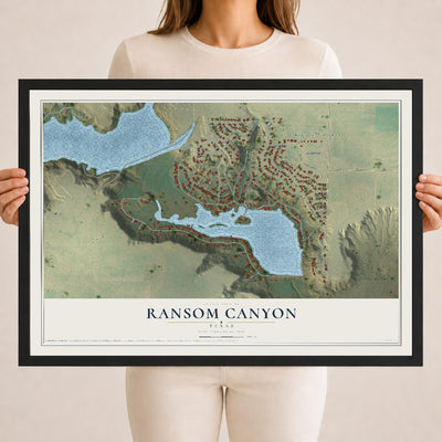 Map of Ransom Canyon, Texas, 18 x 24 inch print in a black wood frame