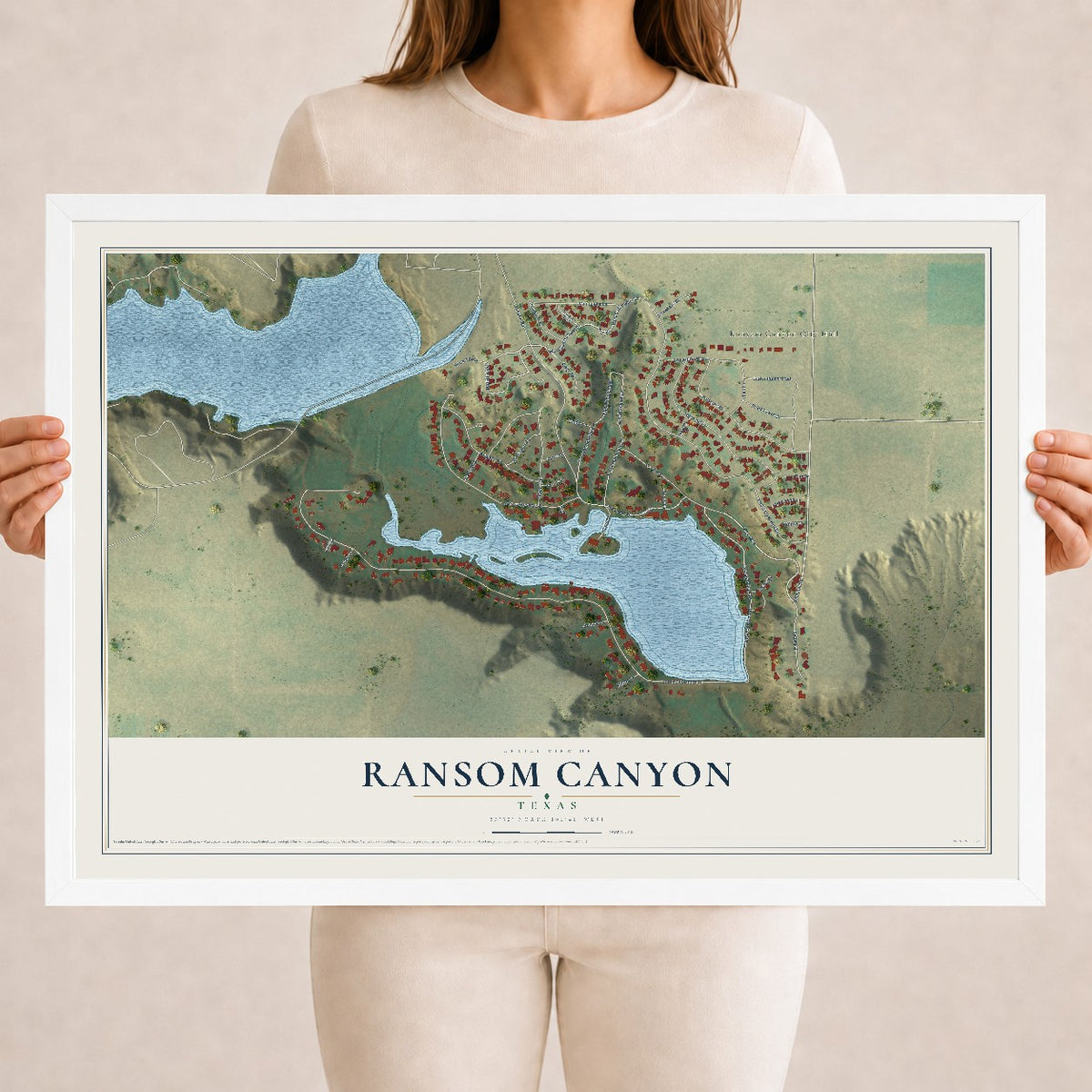 Map of Ransom Canyon, Texas, 18 x 24 inch print in a white wood frame