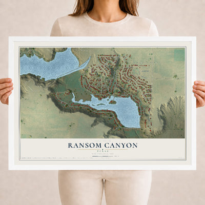 Map of Ransom Canyon, Texas, 18 x 24 inch print in a white wood frame