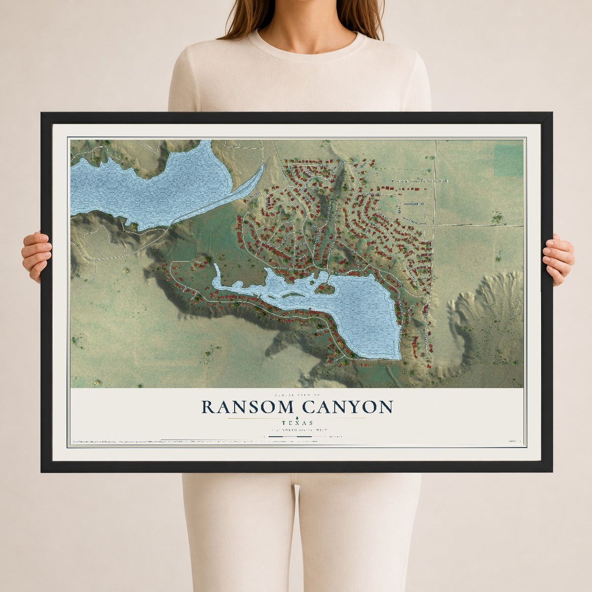 Map of Ransom Canyon, Texas, 24 x 36 inch print in a black wood frame