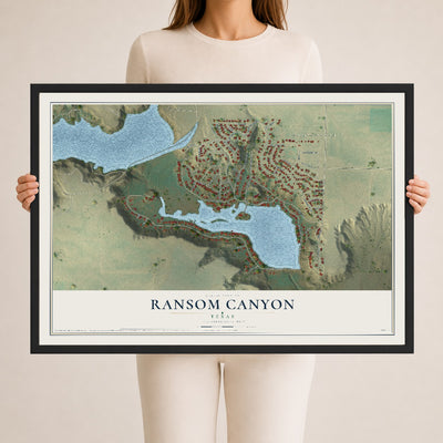 Map of Ransom Canyon, Texas, 24 x 36 inch print in a black wood frame