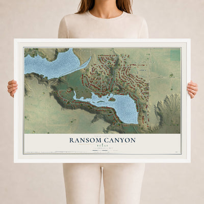 Map of Ransom Canyon, Texas, 24 x 36 inch print in a white wood frame
