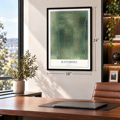 Ratamosa, Texas map, 18 x 24 inch print in a black frame in a home office