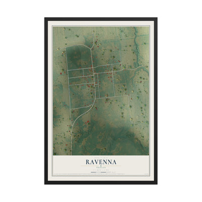 Map of Ravenna, Texas, 12 x 18 inch print in a black wood frame