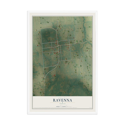 Map of Ravenna, Texas, 12 x 18 inch print in a white wood frame