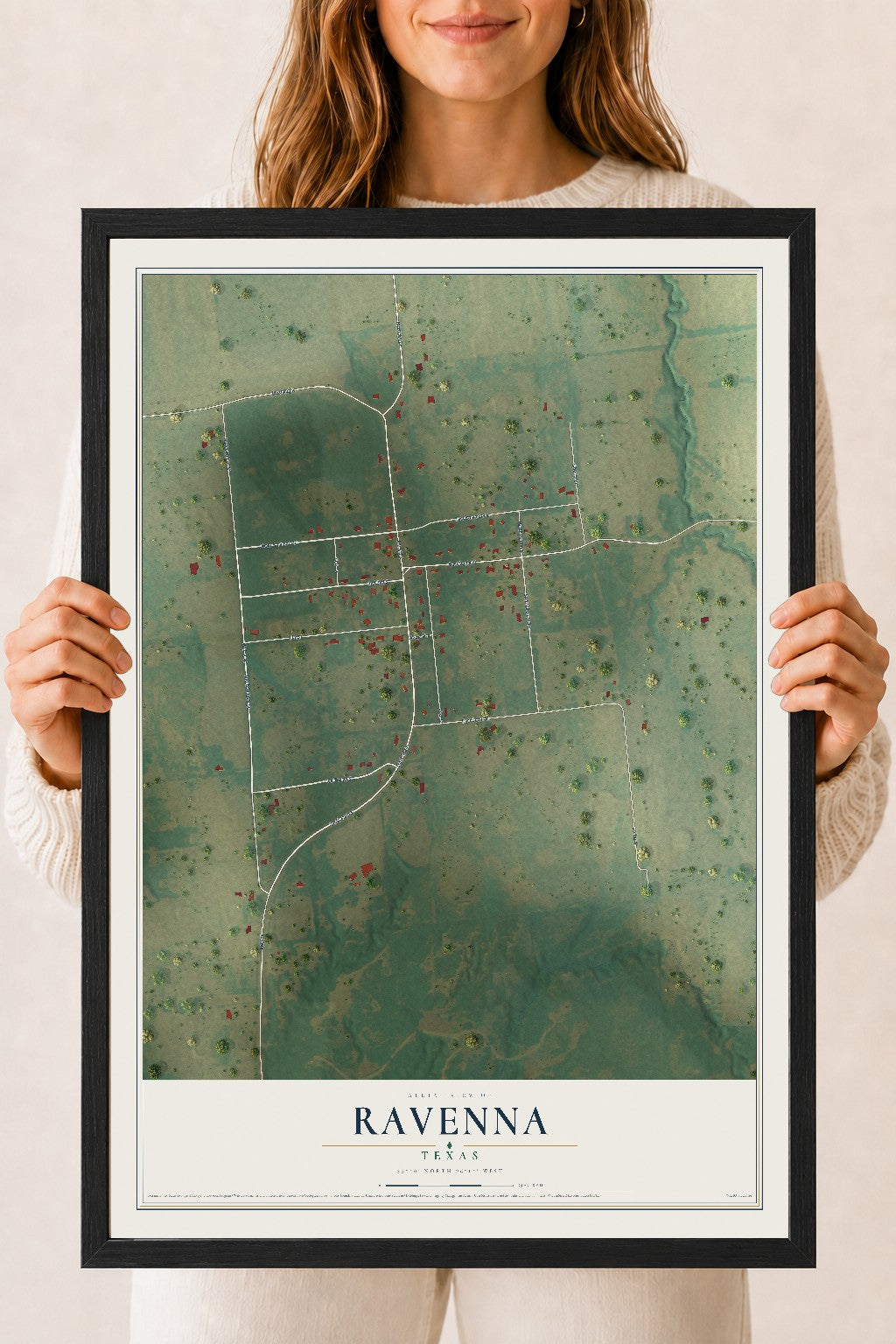 Map of Ravenna, Texas, 18 x 24 inch print in a black wood frame