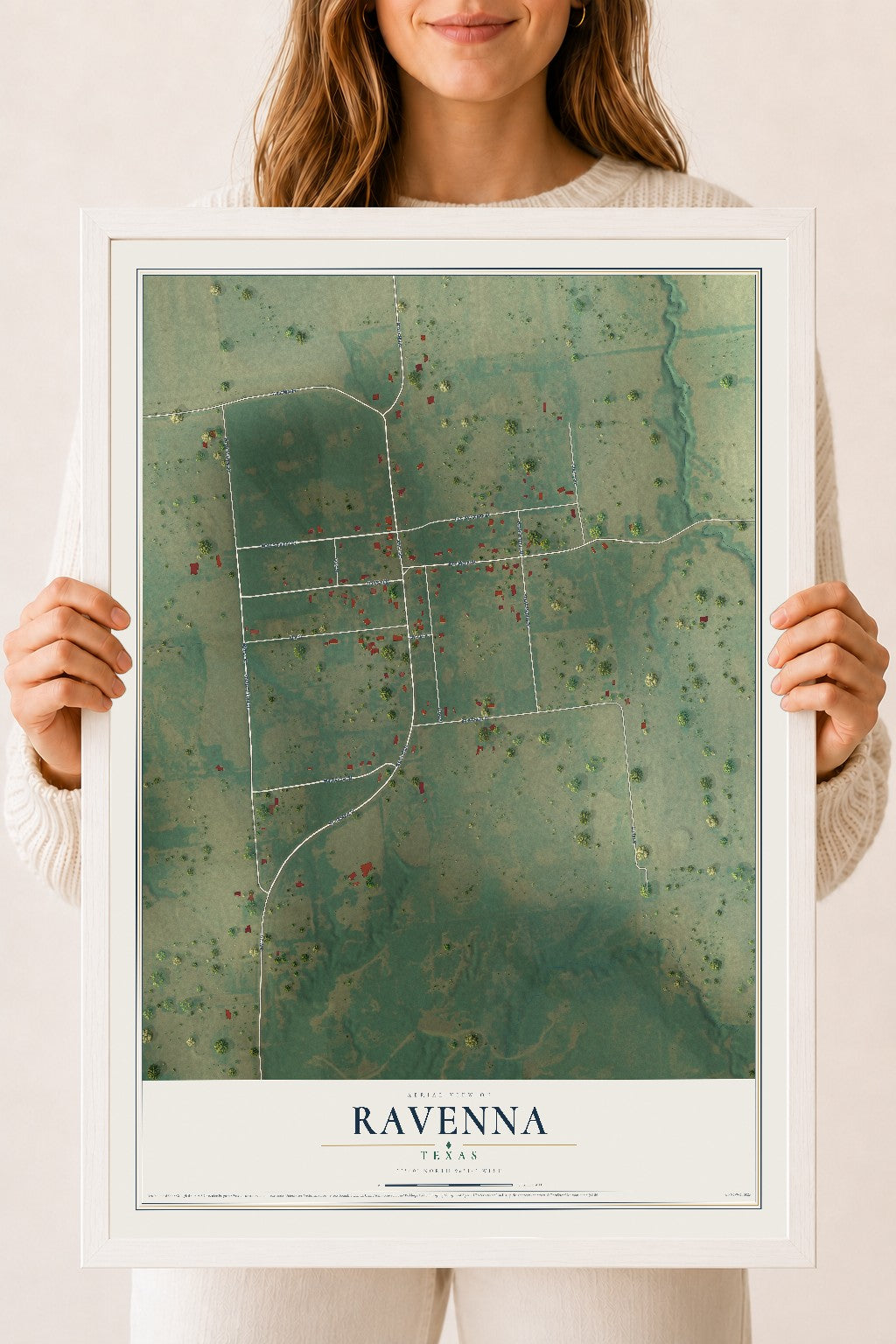Map of Ravenna, Texas, 18 x 24 inch print in a white wood frame