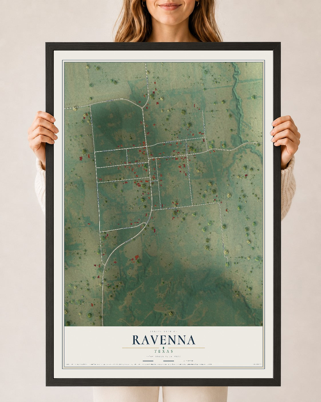 Map of Ravenna, Texas, 24 x 36 inch print in a black wood frame
