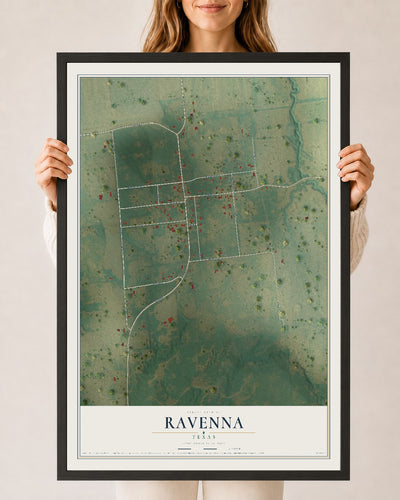 Map of Ravenna, Texas, 24 x 36 inch print in a black wood frame