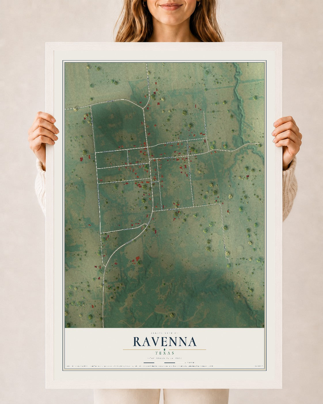 Map of Ravenna, Texas, 24 x 36 inch print in a white wood frame