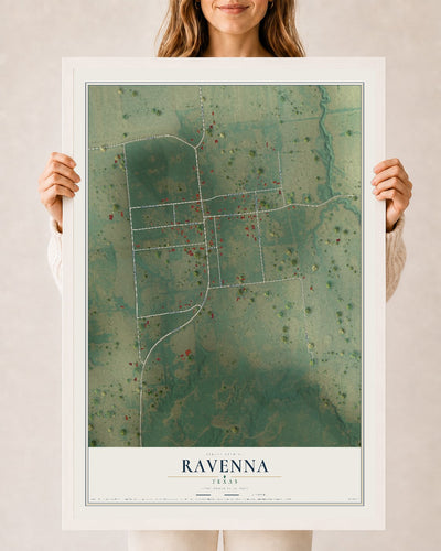 Map of Ravenna, Texas, 24 x 36 inch print in a white wood frame