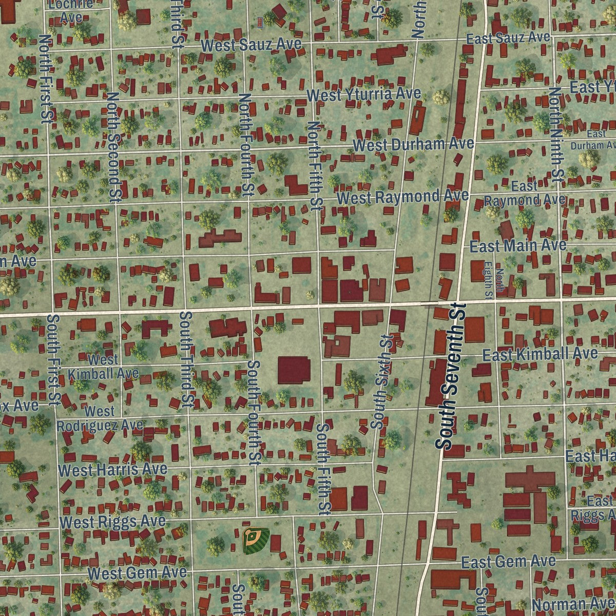 Close-up of the map of Raymondville, Texas print showing street and building detail