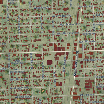 Close-up of the map of Raymondville, Texas print showing street and building detail