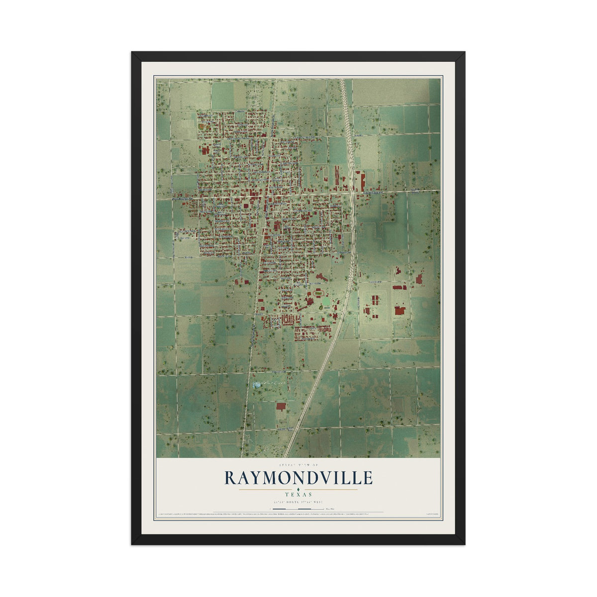 Map of Raymondville, Texas, 12 x 18 inch print in a black wood frame