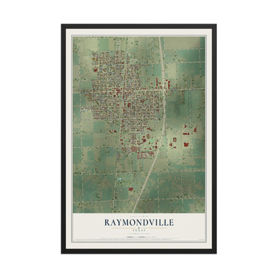 Map of Raymondville, Texas, 12 x 18 inch print in a black wood frame