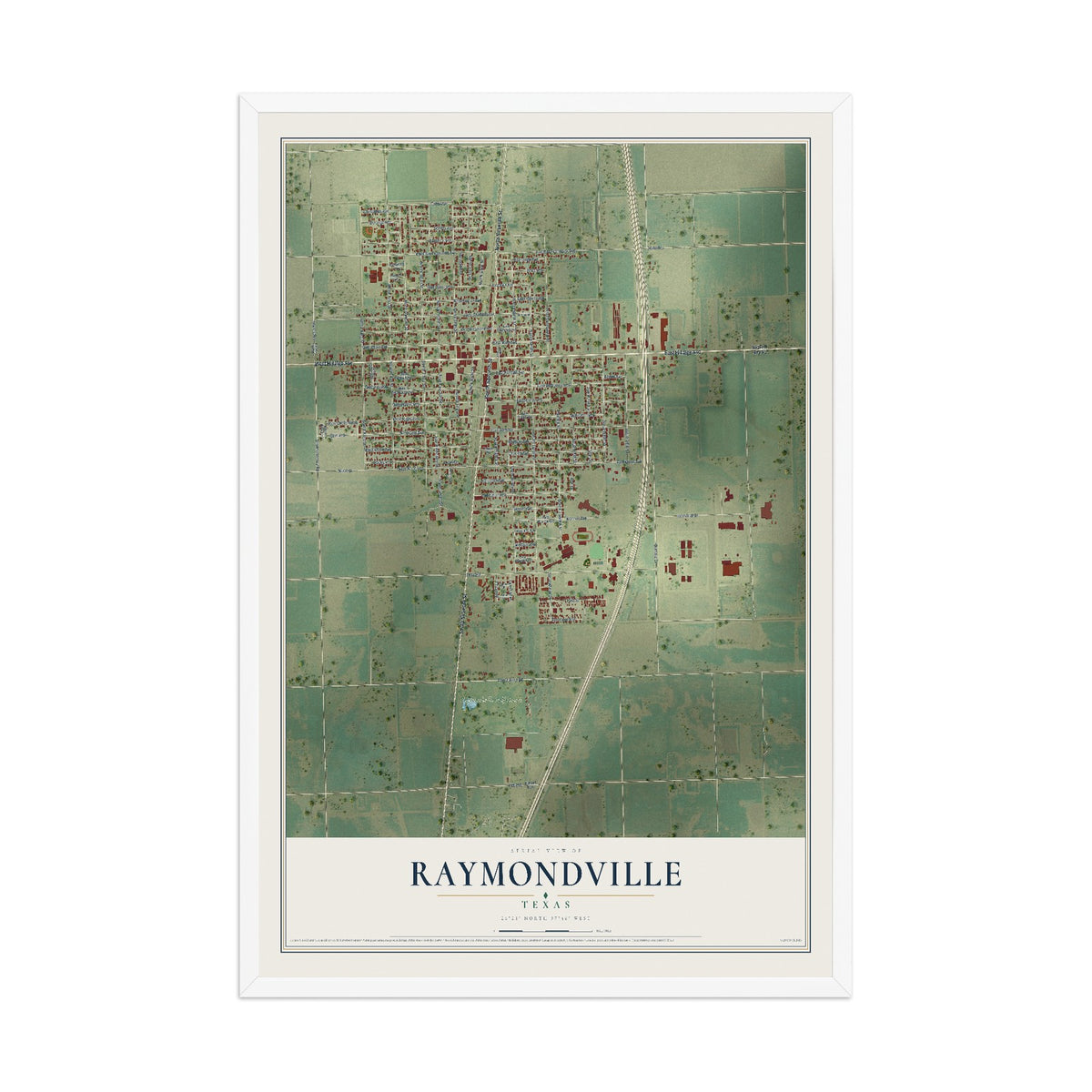 Map of Raymondville, Texas, 12 x 18 inch print in a white wood frame