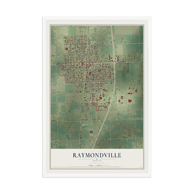 Map of Raymondville, Texas, 12 x 18 inch print in a white wood frame