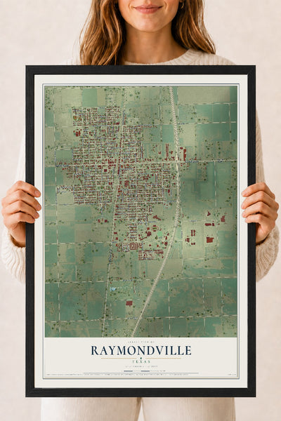 Map of Raymondville, Texas, 18 x 24 inch print in a black wood frame