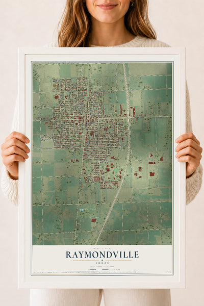 Map of Raymondville, Texas, 18 x 24 inch print in a white wood frame