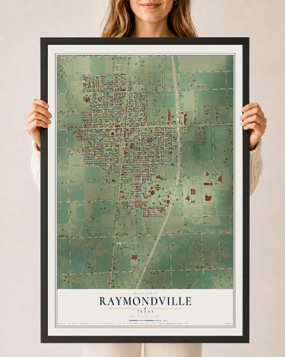 Map of Raymondville, Texas, 24 x 36 inch print in a black wood frame