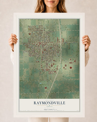 Map of Raymondville, Texas, 24 x 36 inch print in a white wood frame