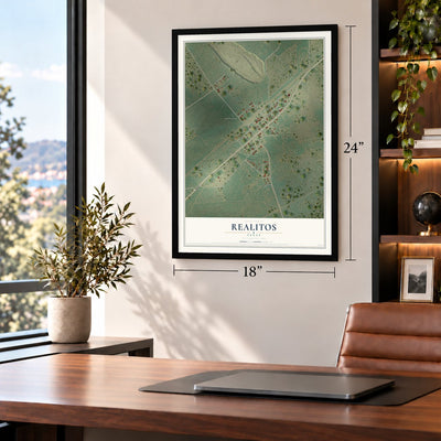 Realitos, Texas map, 18 x 24 inch print in a black frame in a home office