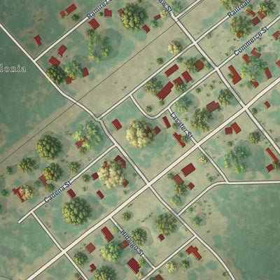 Close-up of the map of Realitos, Texas print showing street and building detail