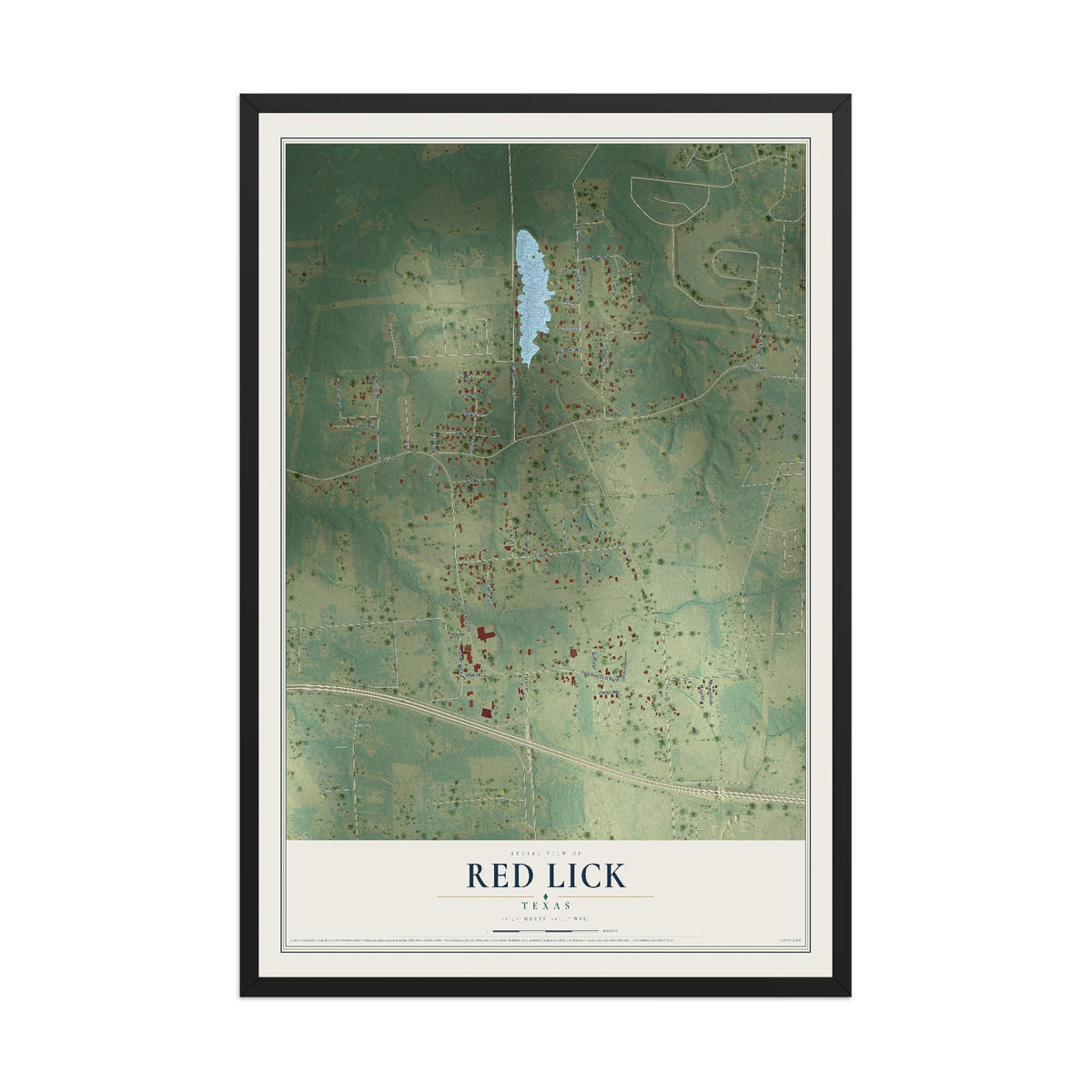 Map of Red Lick, Texas, 12 x 18 inch print in a black wood frame