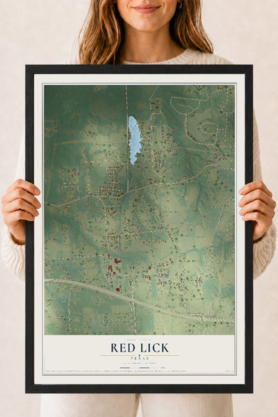 Map of Red Lick, Texas, 18 x 24 inch print in a black wood frame