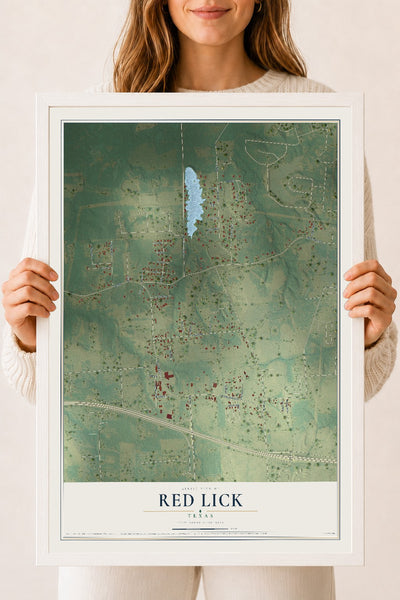 Map of Red Lick, Texas, 18 x 24 inch print in a white wood frame