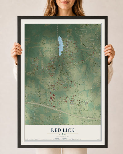 Map of Red Lick, Texas, 24 x 36 inch print in a black wood frame