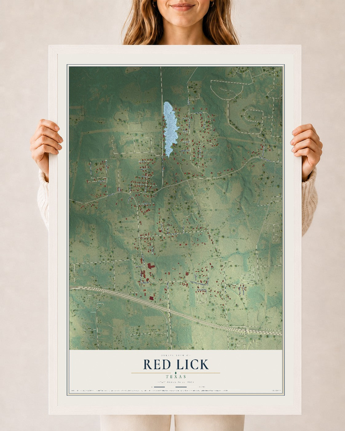 Map of Red Lick, Texas, 24 x 36 inch print in a white wood frame