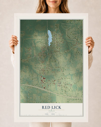 Map of Red Lick, Texas, 24 x 36 inch print in a white wood frame