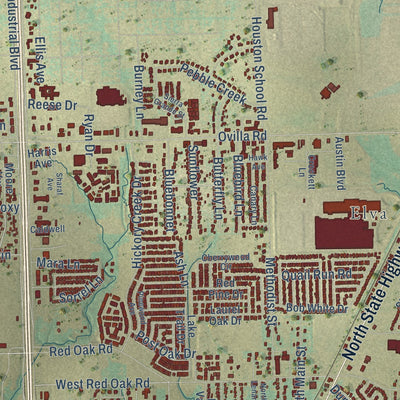 Close-up of the map of Red Oak, Texas print showing street and building detail