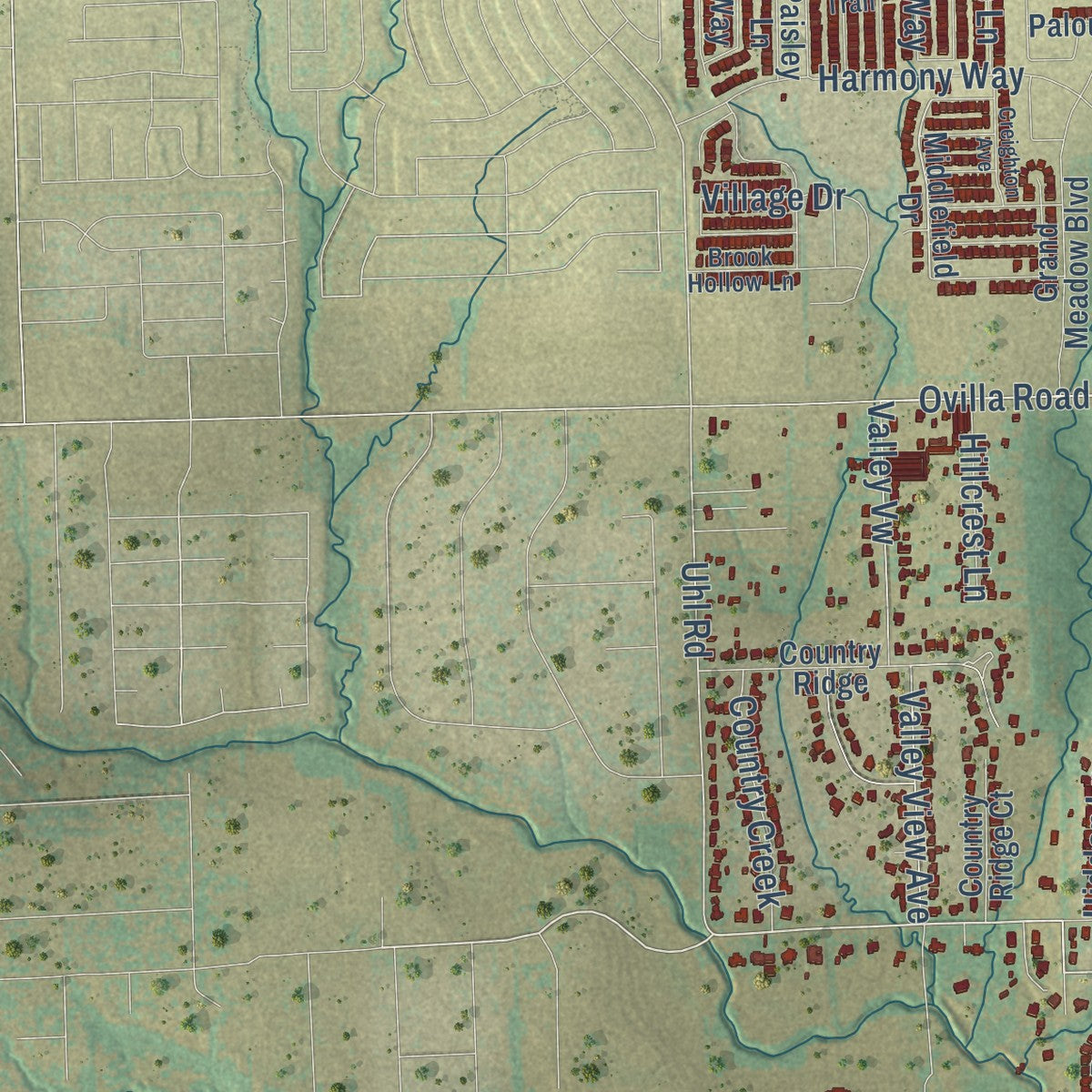 Second close-up of the map of Red Oak, Texas print showing more streets and buildings