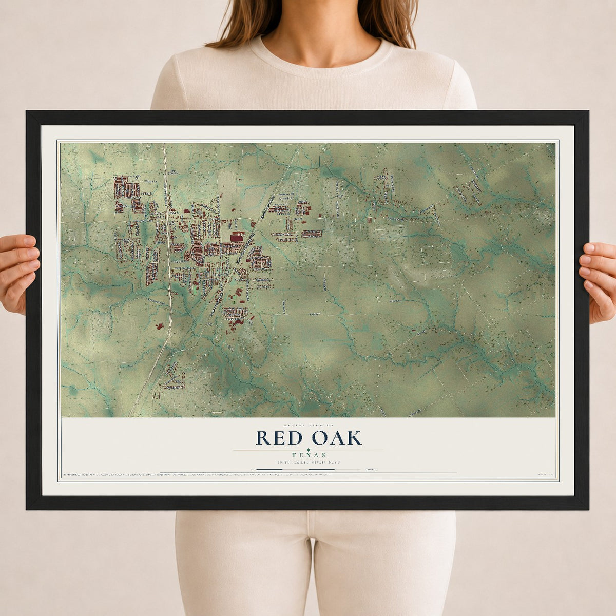 Map of Red Oak, Texas, 18 x 24 inch print in a black wood frame