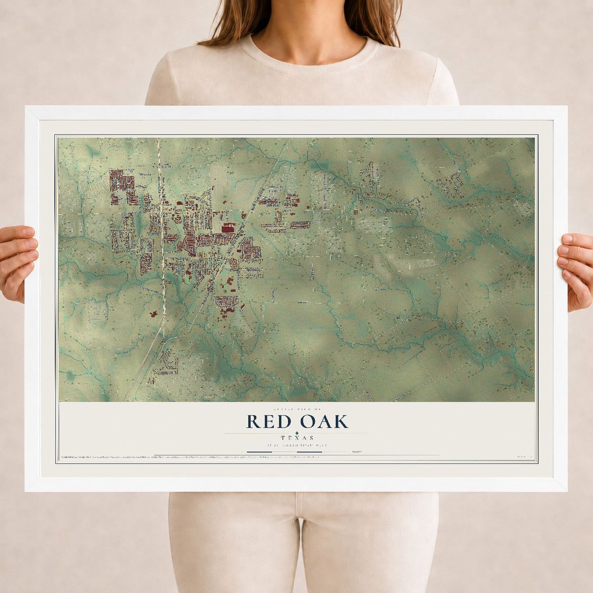 Map of Red Oak, Texas, 18 x 24 inch print in a white wood frame