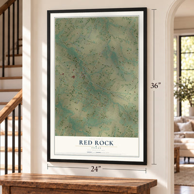 Red Rock, Texas map, 24 x 36 inch print in a black frame by a staircase