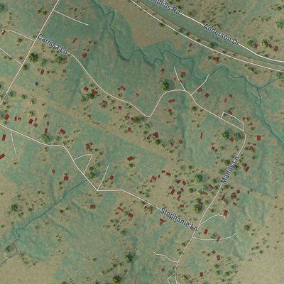 Close-up of the map of Red Rock, Texas print showing street and building detail