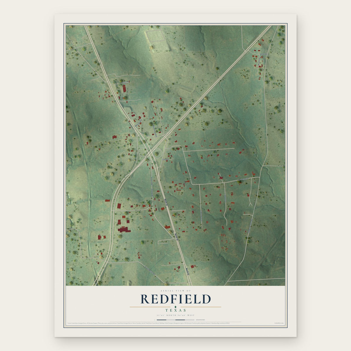 Redfield, Texas map print, the full design